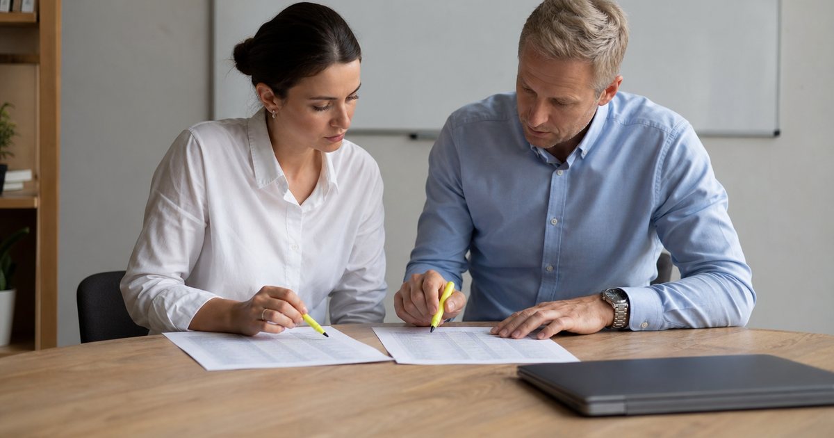 Two people at a desk in a small studio office comparing printed lists side by side, highlighter pens, a closed laptop on the desk, a blank whiteboard behind them, afternoon light