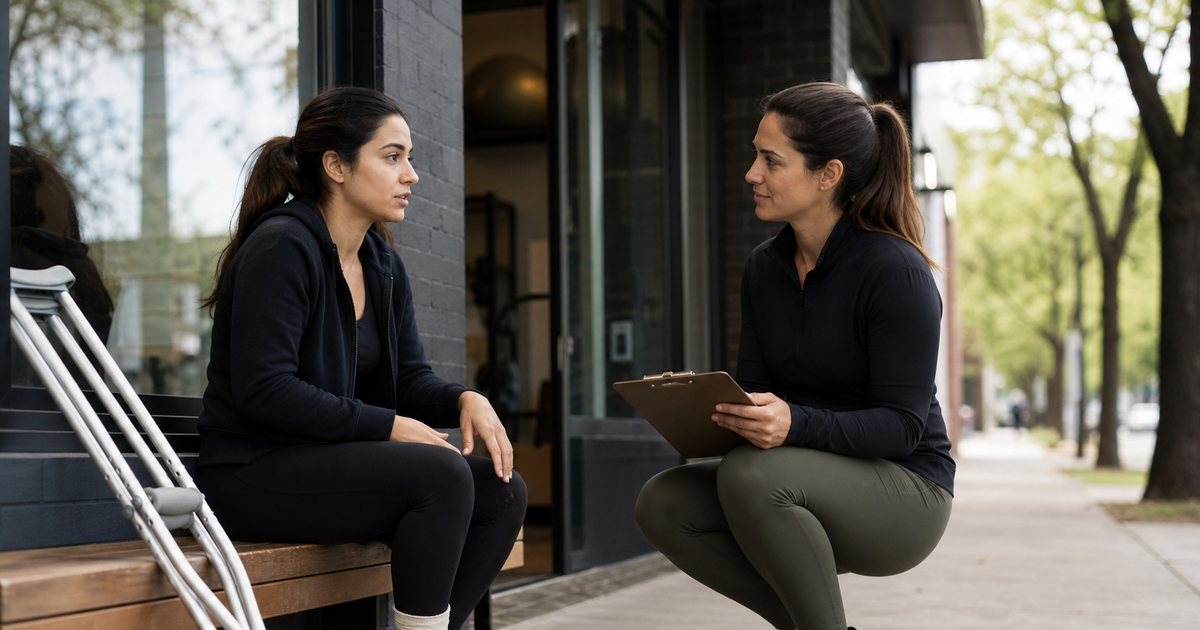 A woman with a wrapped ankle sitting on a bench outside a fitness studio, crutches leaning beside her, talking with a staff member holding a clipboard, tree-lined sidewalk