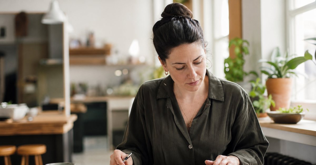 A studio owner at a kitchen table with a calculator, an open notebook, and a coffee mug, working through numbers by hand in a sunny apartment, plants on the windowsill
