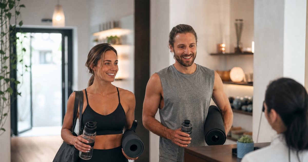 A couple in athletic wear walking into a small fitness studio together, holding water bottles and rolled yoga mats, greeting a receptionist at a wooden counter, soft daylight