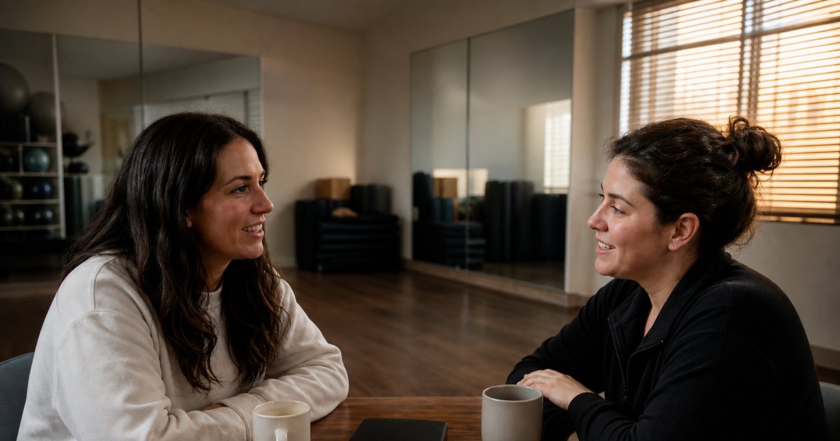 A studio owner and a front desk assistant sitting at a small wooden table in an empty exercise room after closing, two coffee cups and a closed notebook between them, soft evening light through window blinds, mirrored wall and stacked mats behind them