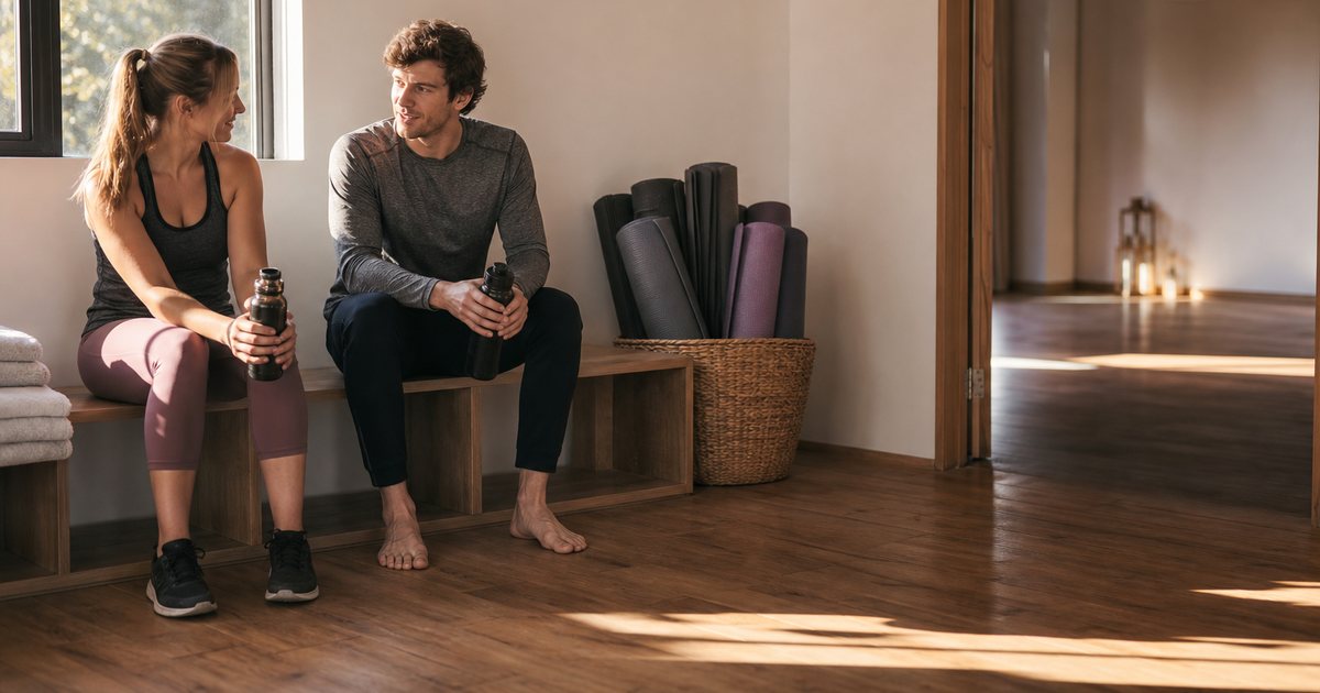 Two people in workout clothes waiting on a wooden bench in a bright studio lobby, folded towels and a stack of rolled exercise mats beside them, late afternoon sunlight through a tall window, open doorway showing an empty class room